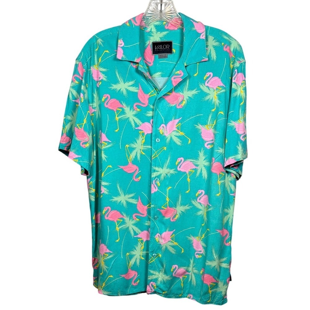 VALOR COLLECTION Men's 100% Rayon Hawaiian Shirt, All Over Flamingo Print Size M